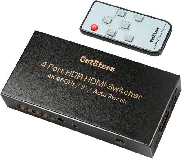 HDMI Switch HDMI 2.0 Switcher Auto 4 In 1 Out with IR Remote HDMI Splitter Support Ultra HD 4Kx2K@60Hz HDR 3D 1080p HDCP 2.2 Pass-through for XBox PS4 Blu-Ray Player Roku Amazon Fire Stick By DotStone!