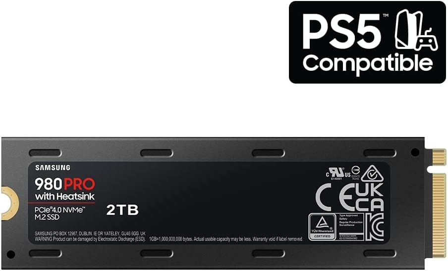 Samsung 980 PRO SSD with Heatsink 2TB PCIe Gen 4 NVMe M.2 Internal Solid State Hard Drive, Heat Control, Max Speed, PS5 Compatible, MZ-V8P2T0CW, Black