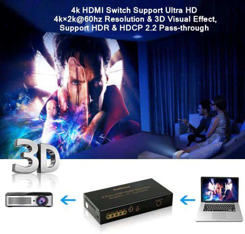 HDMI Switch HDMI 2.0 Switcher Auto 4 In 1 Out with IR Remote HDMI Splitter Support Ultra HD 4Kx2K@60Hz HDR 3D 1080p HDCP 2.2 Pass-through for XBox PS4 Blu-Ray Player Roku Amazon Fire Stick By DotStone!