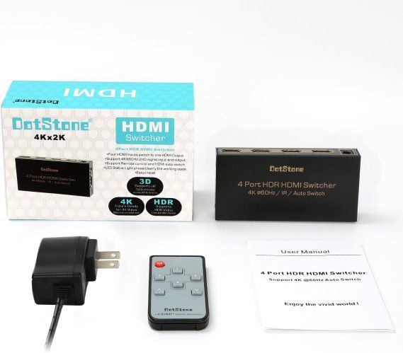 HDMI Switch HDMI 2.0 Switcher Auto 4 In 1 Out with IR Remote HDMI Splitter Support Ultra HD 4Kx2K@60Hz HDR 3D 1080p HDCP 2.2 Pass-through for XBox PS4 Blu-Ray Player Roku Amazon Fire Stick By DotStone!