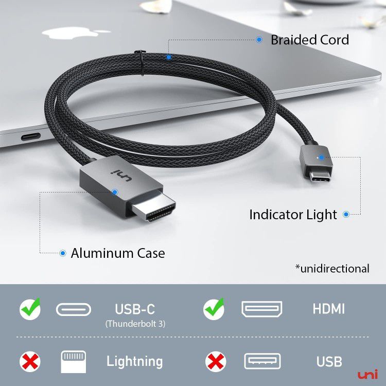 uni USB C to HDMI Cable, [4K, High-Speed] USB Type C to HDMI Cable for Home Office, [Thunderbolt 3/4 Compatible] with Chromebook, MacBook Pro/Air 2023, iPad Pro, iMac, XPS 17, S23-6FT