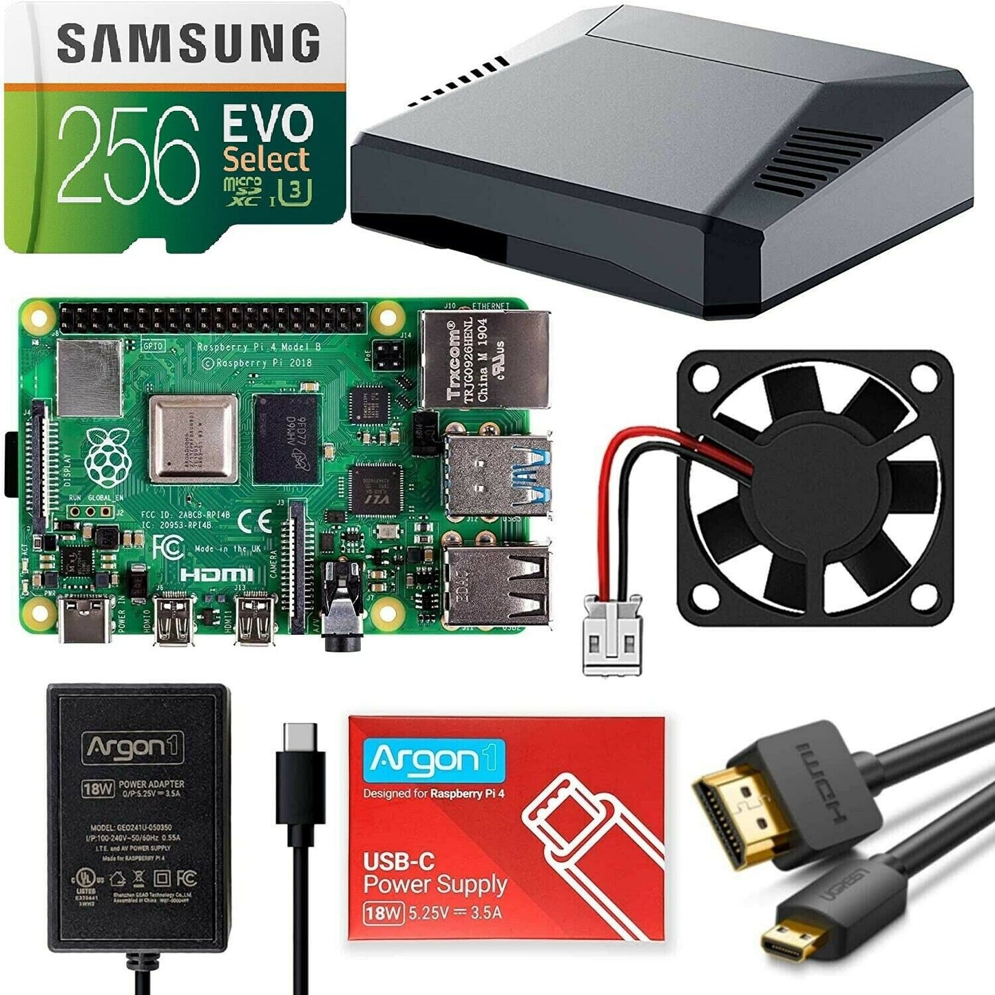 For Raspberry Pi 4 Console 256GB Argon ONE V2 Aluminum Case Bundle with Power Button and Fan